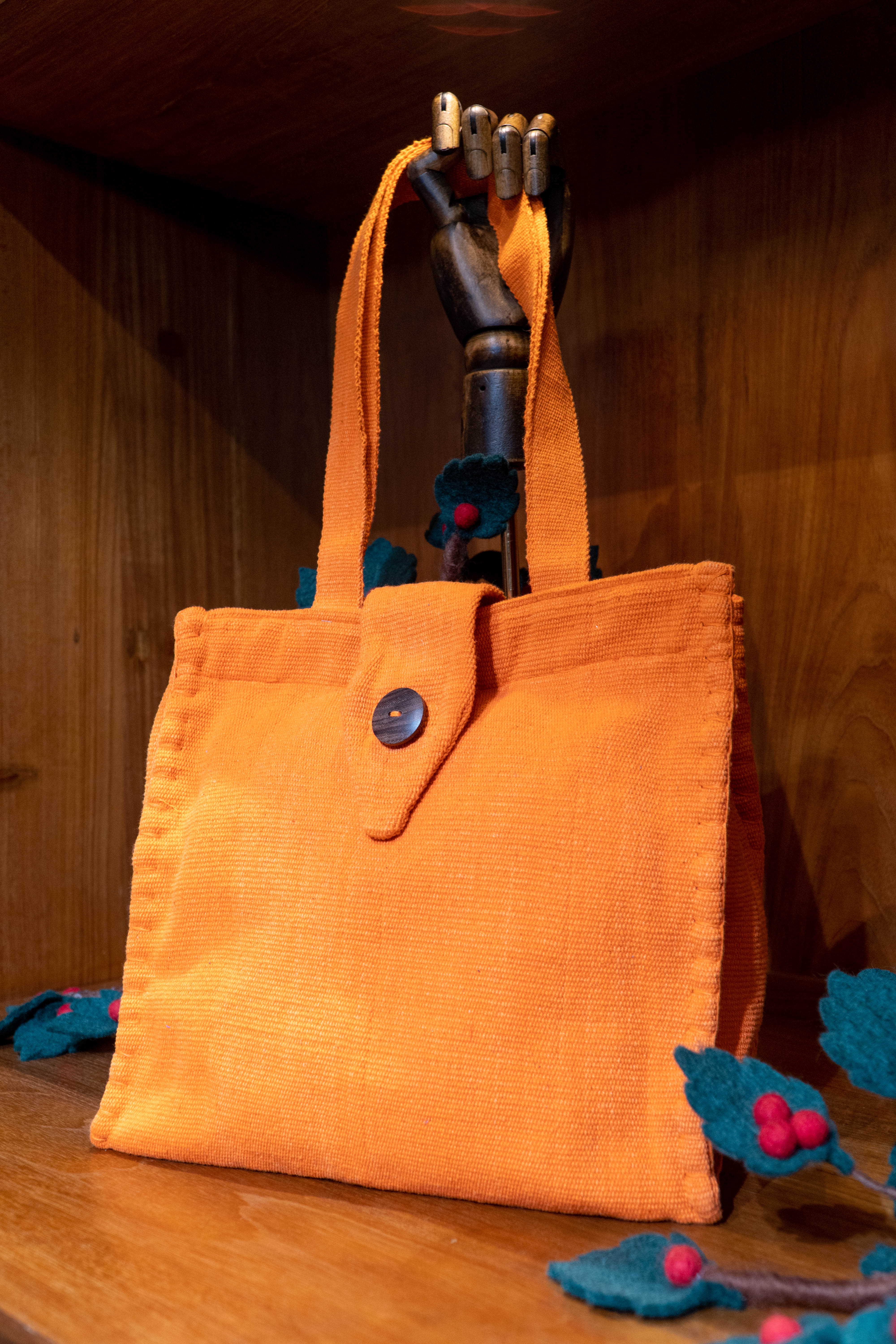 Handwoven Square Patch Totebag - Tangerine